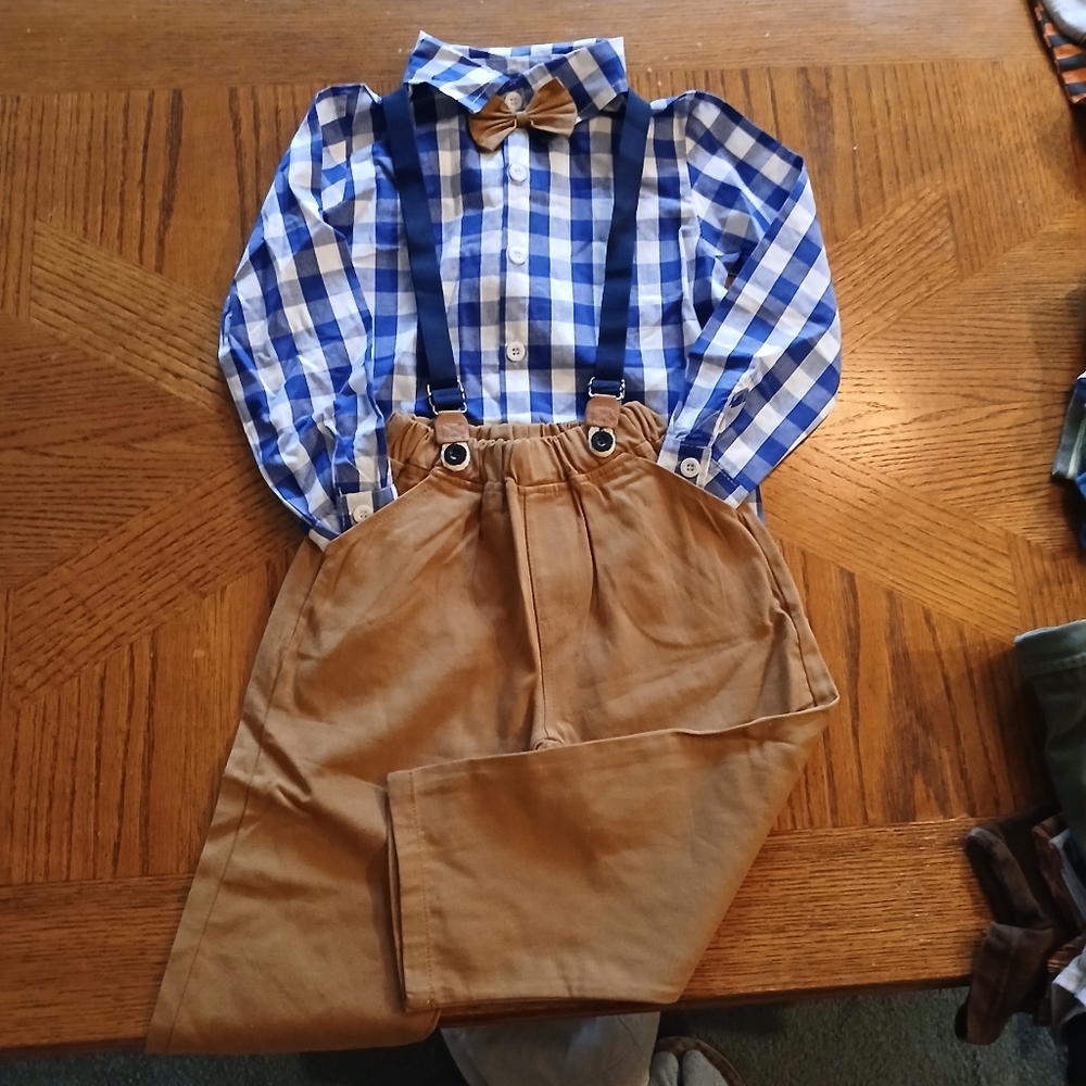 New!! Blue and Tan Kids Suspender Outfit